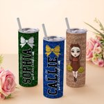 Personalised Faux Glitter Cartoon Cheerleading Girl Food-grade 20 oz Skinny Tumbler with Name Sports Team Birthday Gift for Cheerleader