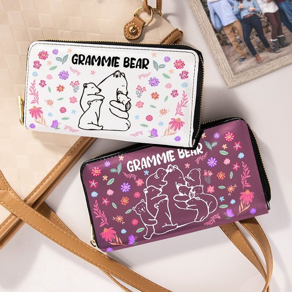 Personalisierte Floral Mama Bär und 1-10 Baby Bären Frauen Portemonnaie mit Fächern Muttertag Geburtstag Geschenk für Mama Oma