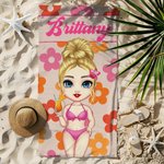 Toalla de playa personalizada de flores y personajes de dibujos animados de gran tamaño y secado rápido con nombre Regalo de cumpleaños esencial para viajes de verano para la familia, los niños y los 
