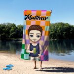 Personalisiertes Retro Karo Cartoon Figur Strandtuch mit Namen Schnelltrocknend Sommer Reise Essentials Geburtstag Geschenk für Kinder Erwachsene