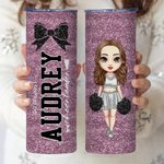 Personalised Faux Glitter Cartoon Cheerleading Girl Food-grade 20 oz Skinny Tumbler with Name Sports Team Birthday Gift for Cheerleader
