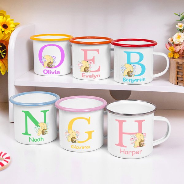 Personalized Cute Classic Winnie the Pooh 12 oz Enamel Mug with Name and Initial Back to School Birthday Gift for Family Kids