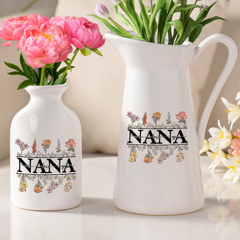 Vase à fleurs en céramique avec titre et texte personnalisé 1-12 Fleurs de naissance Anniversaire Fête des mères Pendaison de crémaillère Cadeau pour Maman Grand-mère Famille