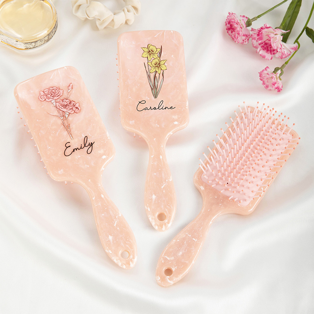 Brosse à Cheveux Personnalisée avec Fleur de Naissance et Nom Cadeau pour Fête des Mères ou Enterrement de Vie de Jeune Fille