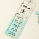 Personalized Gradient Blue Birth Flower Bible Verse Name Bookmark Keychain with Cross Charm Birthday Baptism Gift for Family Christian