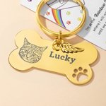 Personalisierte eingraviert Haustier Portrait Foto Name Knochen Form Schlüsselanhänger mit einzelnen Flügeln Charme Geburtstag Jahrestag Memorial Geschenk für Tierliebhaber