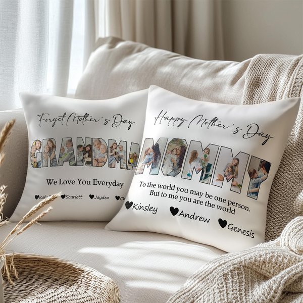 Personalized Photos Title Design Throw Pillow Cover with 1-10 Names Mother's Day Appreciation Housewarming Gift for Grandma Mom