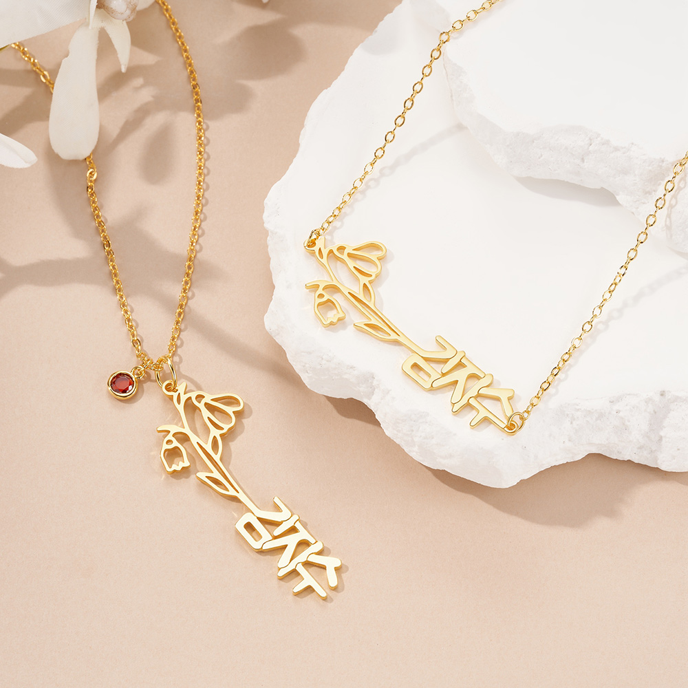 Collier de nom coréen avec fleur de naissance personnalisée Collier de charme coréen Cadeau d'anniversaire pour la Saint-Valentin pour les petites amies Femmes