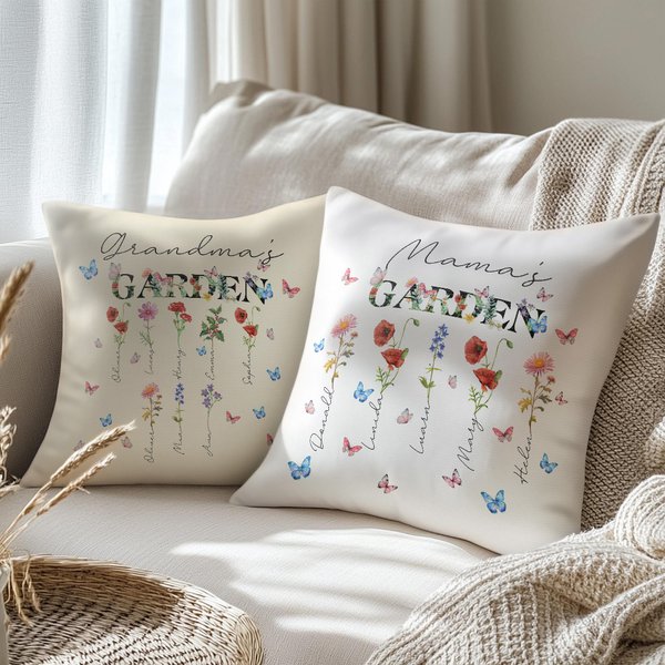 Personalized Grandma's Garden 1-8 Birth Flowers Soft Throw Pillow Cover with Names Birthday Mother's Day Gift for Mom Grandma