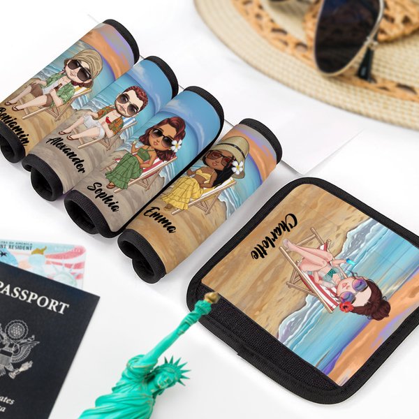 Personalised Sky Blue Sunset Beach Cartoon Luggage Handle Wrap Identifier with Name Set of 2 Travel Accessories Birthday Gift for Travel Lovers
