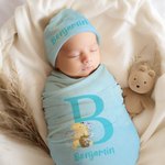 Personalized Classic Winnie the Pooh 100% Cotton Soft Swaddle and Hat Set with Initial and Name Baby Shower Birthday Gift for Baby Newborn