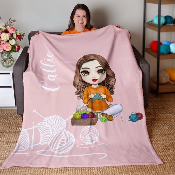 Gepersonaliseerde Cartoon Gehaakte Breiende Karakter Zachte Deken met Naam Moederdag Verjaardagscadeau voor Mama Oma Breiliefhebbers