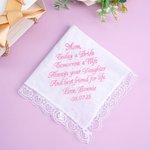 Personalisierte Spitze Rand Welle gestickten Text 100% Baumwolle Taschentuch mit Namen und Datum Hochzeit Souvenir Segen Geschenk für Mama