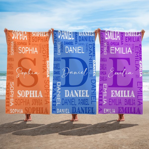 Serviette de plage personnalisée en microfibre avec nuage de mots, multicolore, à séchage rapide, pour les vacances et les voyages, cadeau d'anniversaire essentiel pour la famille et les amis