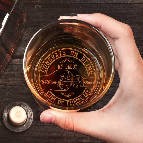 Personalised Happy 1st Father's Day Old Fashioned Rocks 10 oz Whiskey Glass with Name Father's Day Gift for Dad