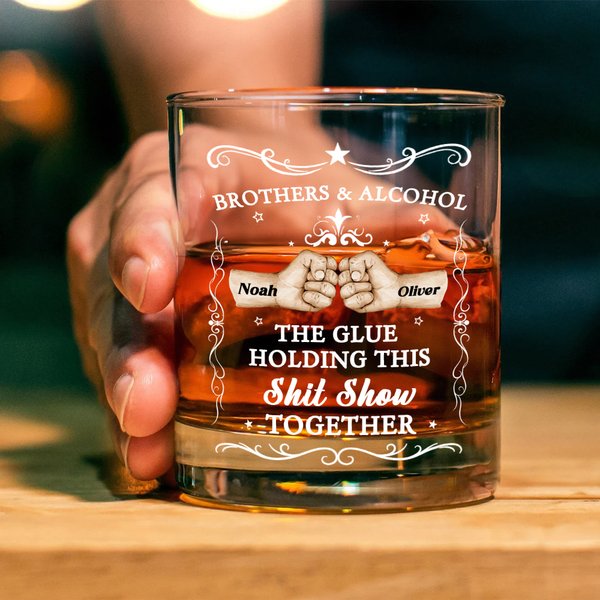 Personalised Fist Touch Brothers and Alcohol 10 oz Old Fashioned Whiskey Glass with Names Housewarming Long Distance Gift for Friend Liquor Lover