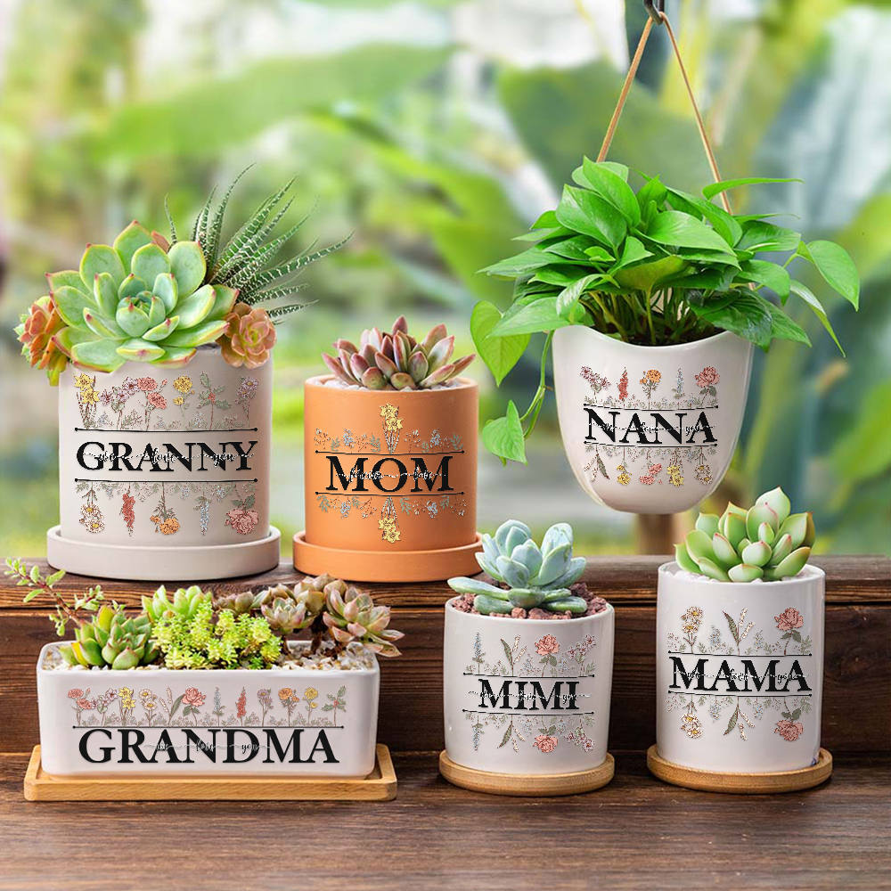 Personnalisé 1-12 Fleurs de naissance Pot en céramique avec drainage et base en bambou Cadeau d'anniversaire pour maman grand-mère