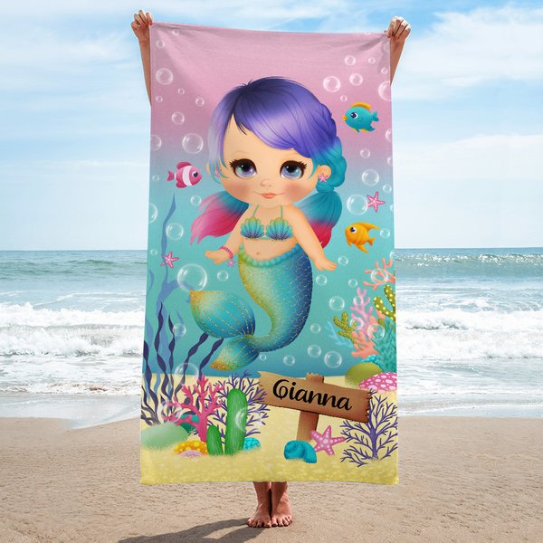 Gepersonaliseerde Quick Dry Pretty Mermaid Super Absorberende Zachte Strandhanddoek met Naam Travel Essentials Verjaardagscadeau voor Meisje