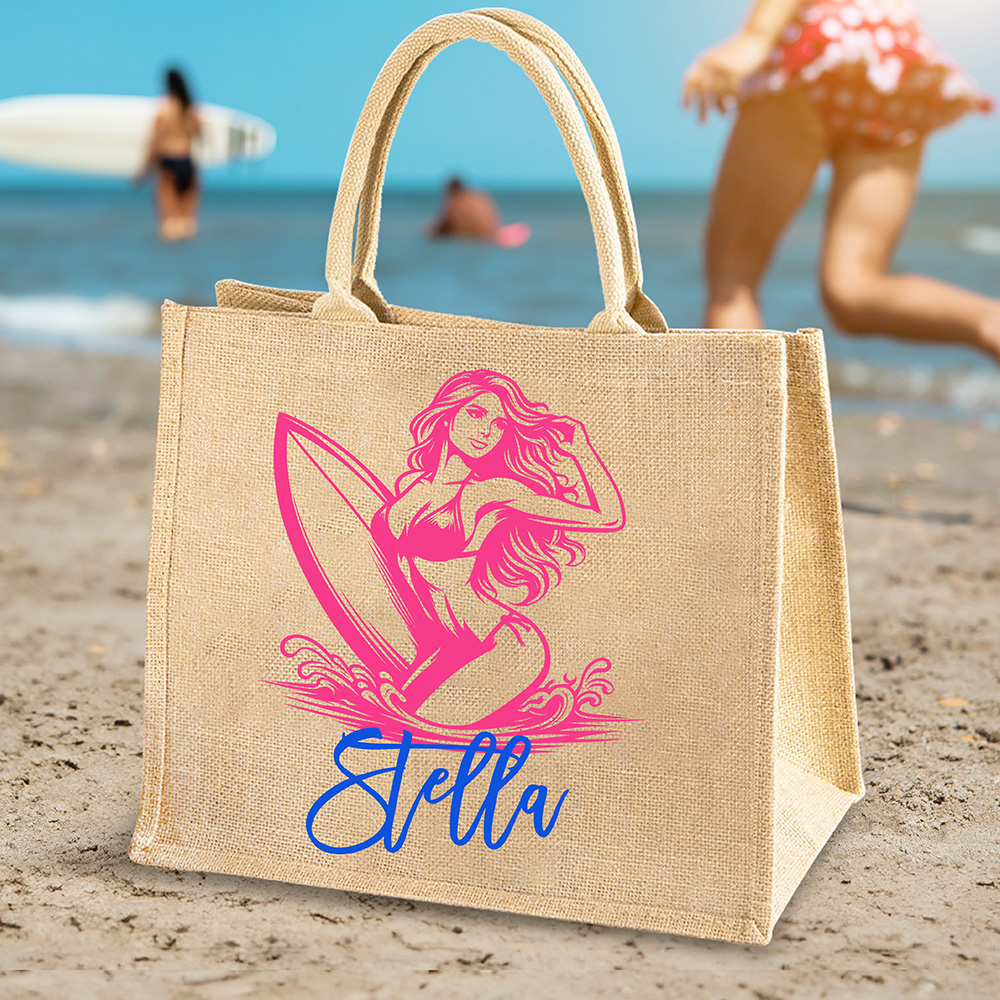 Personnalisé Multicolore Ocean Surf Girl Large Jute Bag with Name Beach Party Travel Accessories Birthday Gift for Surfing Lovers Women