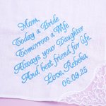 Personalisierte Spitze Rand Welle gestickten Text 100% Baumwolle Taschentuch mit Namen und Datum Hochzeit Souvenir Segen Geschenk für Mama