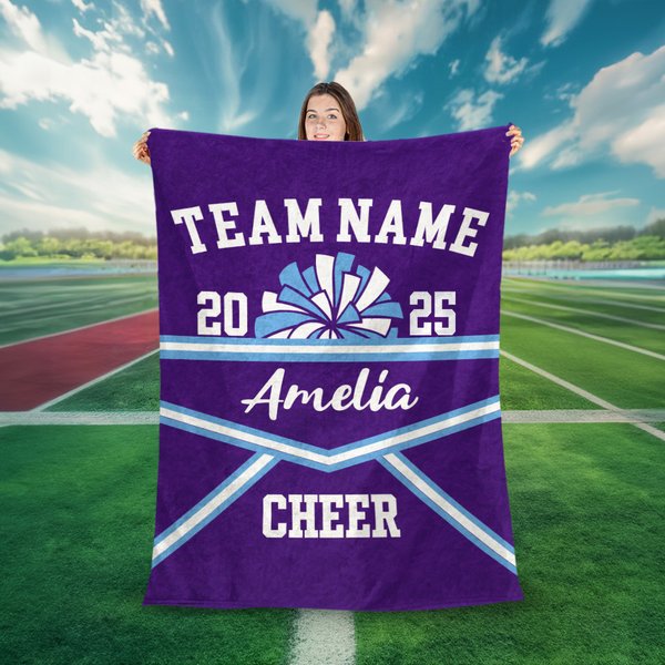 Personalized Multicolor Cheerleading Pompom Soft Throw Blanket with Name Year Home Decor Birthday Team Gift for Cheerleaders Coaches