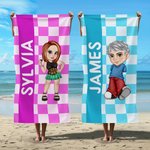 Personalizado Y2K estilo de dibujos animados de caracteres de tela escocesa de gran tamaño de secado rápido toalla de playa con el nombre de la playa de la piscina del partido de cumpleaños de regalo 