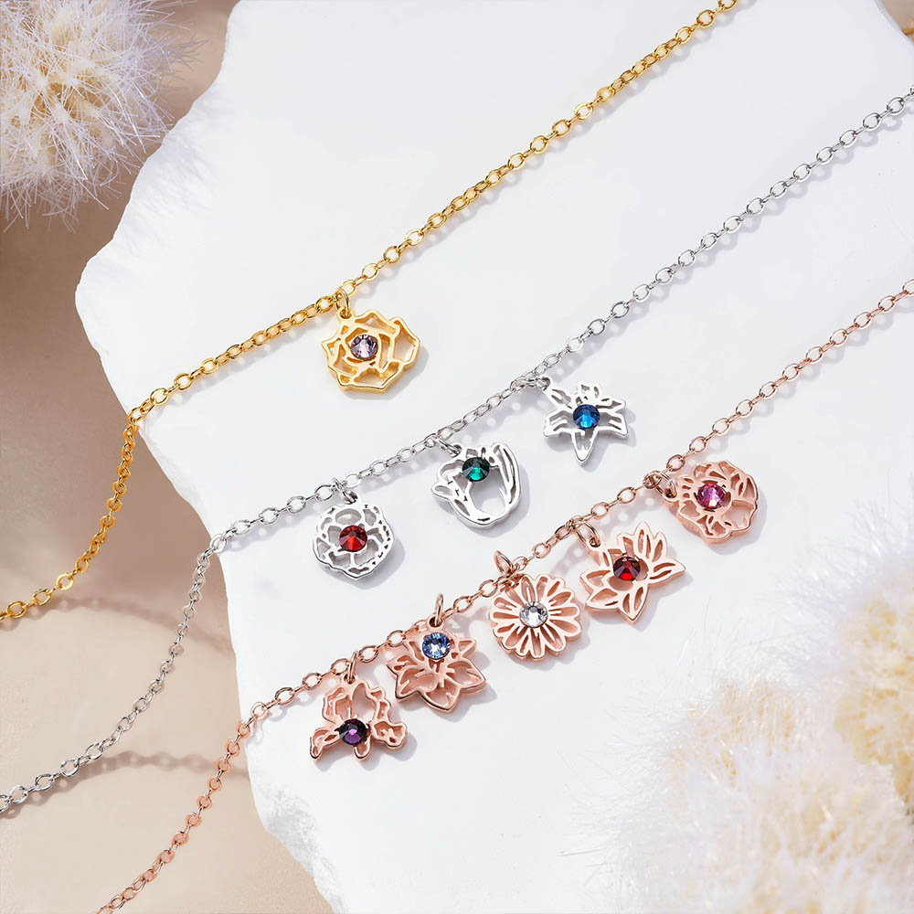 Bracelet de fleurs de naissance minimaliste personnalisé avec pierre de naissance Cadeau de fête des mères pour grand-mère maman Elle