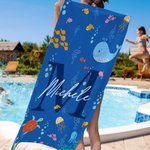 Asciugamano da spiaggia personalizzato in microfibra con iniziali e nome asciugatura rapida design a tema oceano regalo per viaggi estivi per bambini