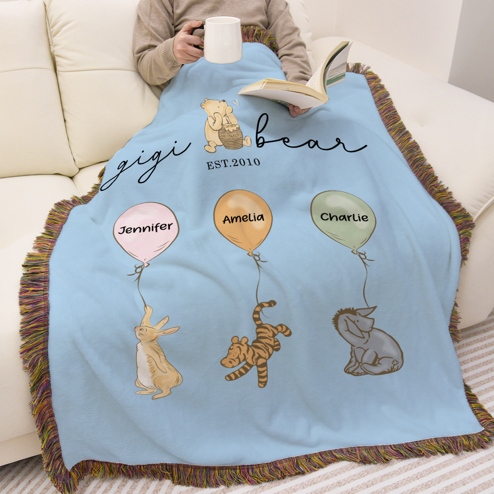 Discover Personalized Classic Winnie the Pooh Honey Balloon Soft Throw Blanket with 1-12 Names and Tassel Home Decor Mother's Day Gift for Mom Grandma