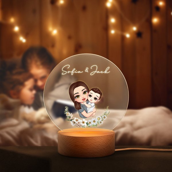 Lámpara de noche LED con nombre y base de madera Personalizada Mamá y niño de dibujos animados Flor de nacimiento Cumpleaños Decoración del hogar Regalo del Día de la Madre para mamá Abuela