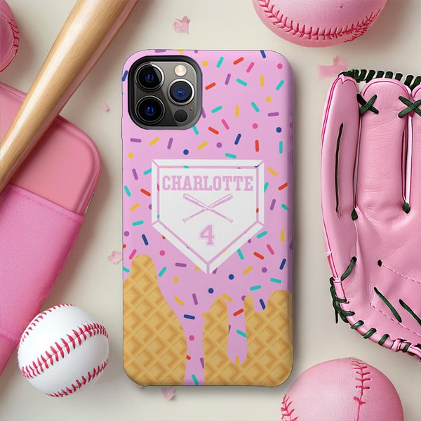 Personligt dubbellagrat mobilskal för iPhone med namn och nummer Födelsedagspresent för basebollälskare - Ice Cream Cone Drip Baseball