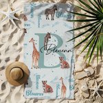 Toalla de playa de microfibra de secado rápido con iniciales de animales de la jungla personalizada con nombre Regalo de cumpleaños esencial para viajes de vacaciones para la familia y los niños