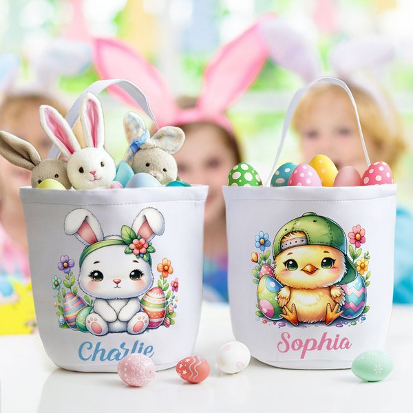 Personalised Cute Chick Bunny Large Capacity Canvas Basket with Name Easter Eggs Hunting Party Favor Gift for Boys Girls