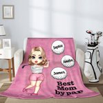 Personalized Cartoon Golf Player Design Soft Throw Blanket with Title and 1-12 Names Home Decor Birthday Gift for Family Golf Enthusiasts