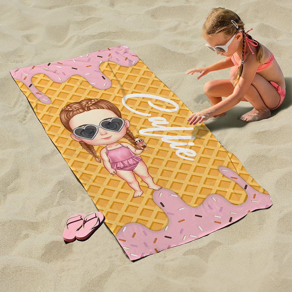 Serviette de Plage Personnalisée avec Nom et Image de l'Enfant à l'Arrière-plan de Crème Glacée Essentiel de Vacances d'Été Cadeau pour Fille Garçon