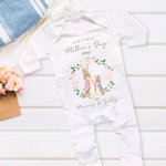 Personalized 100% Cotton Our First Mother's Day Flower Ring Rabbit Cartoon Style Baby Onesie with Name Gift for Mother New Born