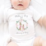 Personalized 100% Cotton Our First Mother's Day Flower Ring Rabbit Cartoon Style Baby Onesie with Name Gift for Mother New Born