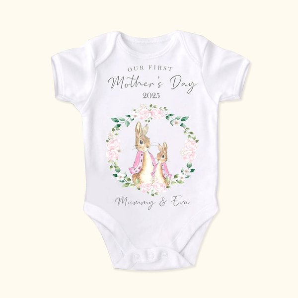 Personalized 100% Cotton Our First Mother's Day Flower Ring Rabbit Cartoon Style Baby Onesie with Name Gift for Mother New Born