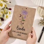 Personalisierte Zodiac Geburt Blume A5 Leder Notizbuch mit 100 linierten Seiten und Name Ruhestand Neuanfang Geschenk für Rentner Kollegen