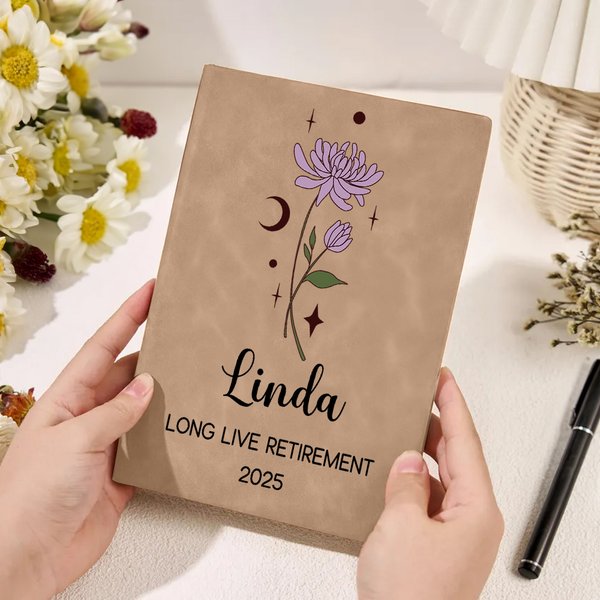 Personalised Zodiac Birth Flower A5 Leather Notebook with 100 Lined Pages and Name Retirement New Beginning Gift for Retirees Colleagues