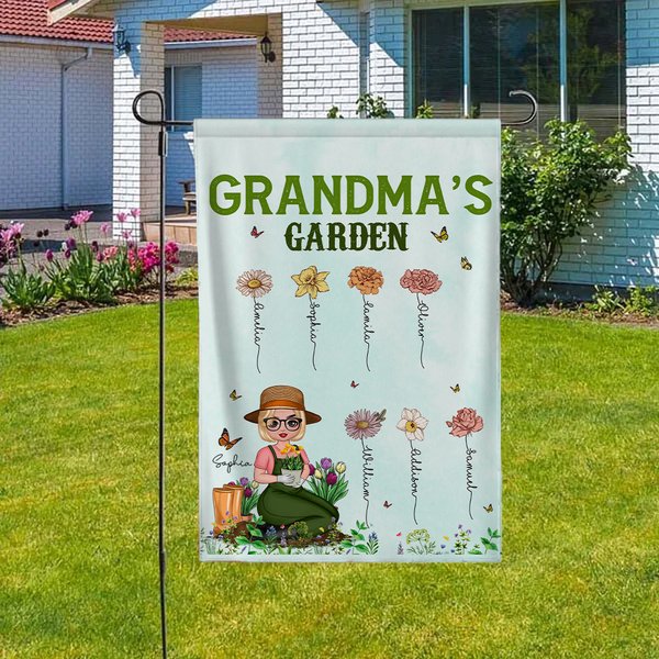 Personalized Mom's Garden Cartoon Character 1-12 Birth Flower Garden Flag with Kid's Names Yard Porch Decor Mother's Day Gift for Grandma Mom