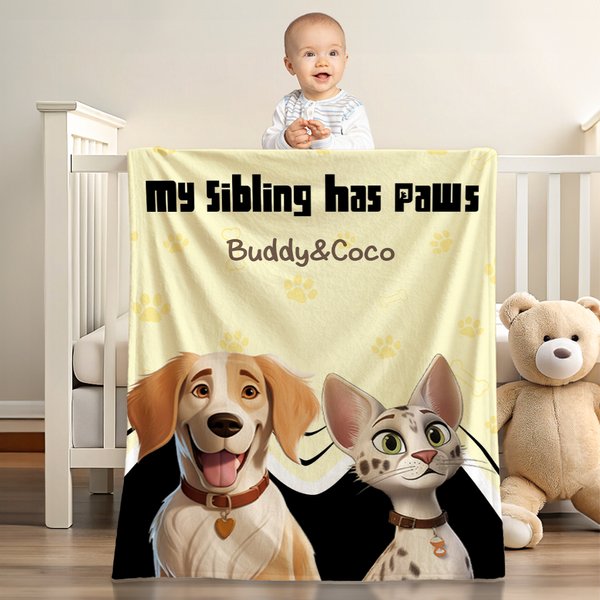 Personalised My Sibling Has Paws Cartoon Cat Dog Soft Throw Blanket with Name Room Decor Birthday Baby Shower Gift for Baby