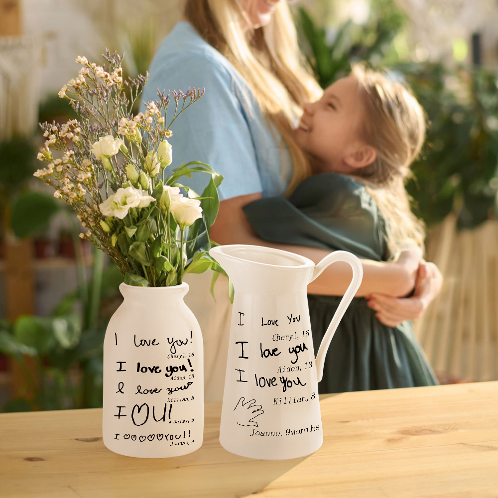 Vase à fleurs en céramique avec photo écrite à la main avec l'âge et les 1-8 noms Anniversaire Fête des mères Cadeau pour Maman Grand-mère Famille
