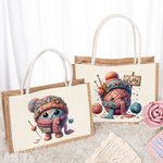 Personalized Cartoon Crochet Pattern Jute Tote Bag with Name Travel Accessories Birthday Holiday Gift for Knitting Lovers Women