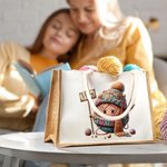 Personalized Cartoon Crochet Pattern Jute Tote Bag with Name Travel Accessories Birthday Holiday Gift for Knitting Lovers Women