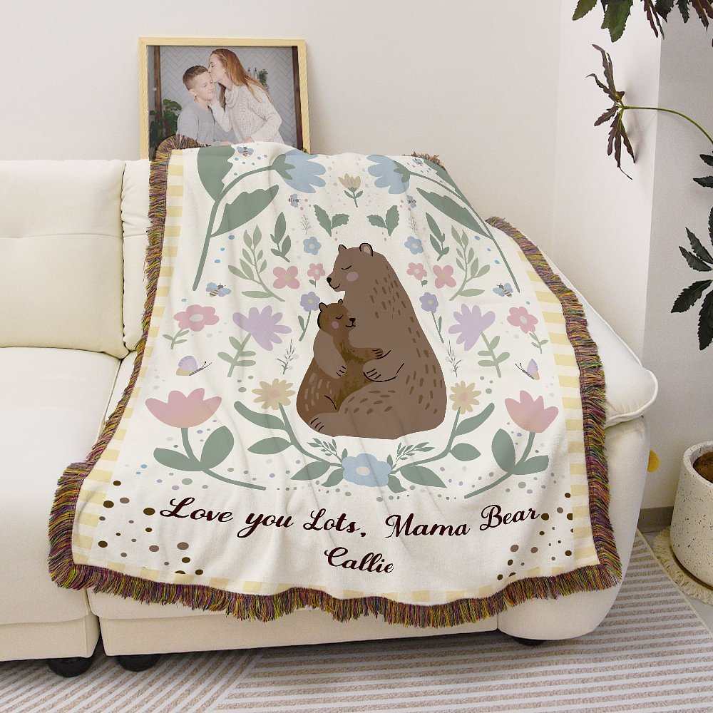 Personalisierte Kuscheldecke mit Namen – Bär-Design mit Blumen & Quasten