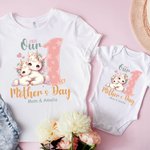 Personalized Cute Animals 100% Cotton Baby Bodysuit Matching T-shirt with Names and Date First Mother's Day Gift for Newborn New Mom