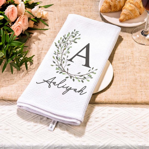 Personalized Wreath Initial Super Absorbent Waffle Towel with Name and Date Desk Decor Anniversary Wedding Gift for Friend Family