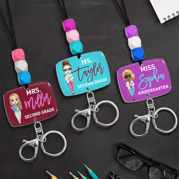 Personalisierte niedlichen Cartoon-Charakter Perlen verstellbare Lanyard Badge Reel mit Namen und Schlüsselanhänger Teacher's Day Dankbarkeit Geschenk für Lehrer