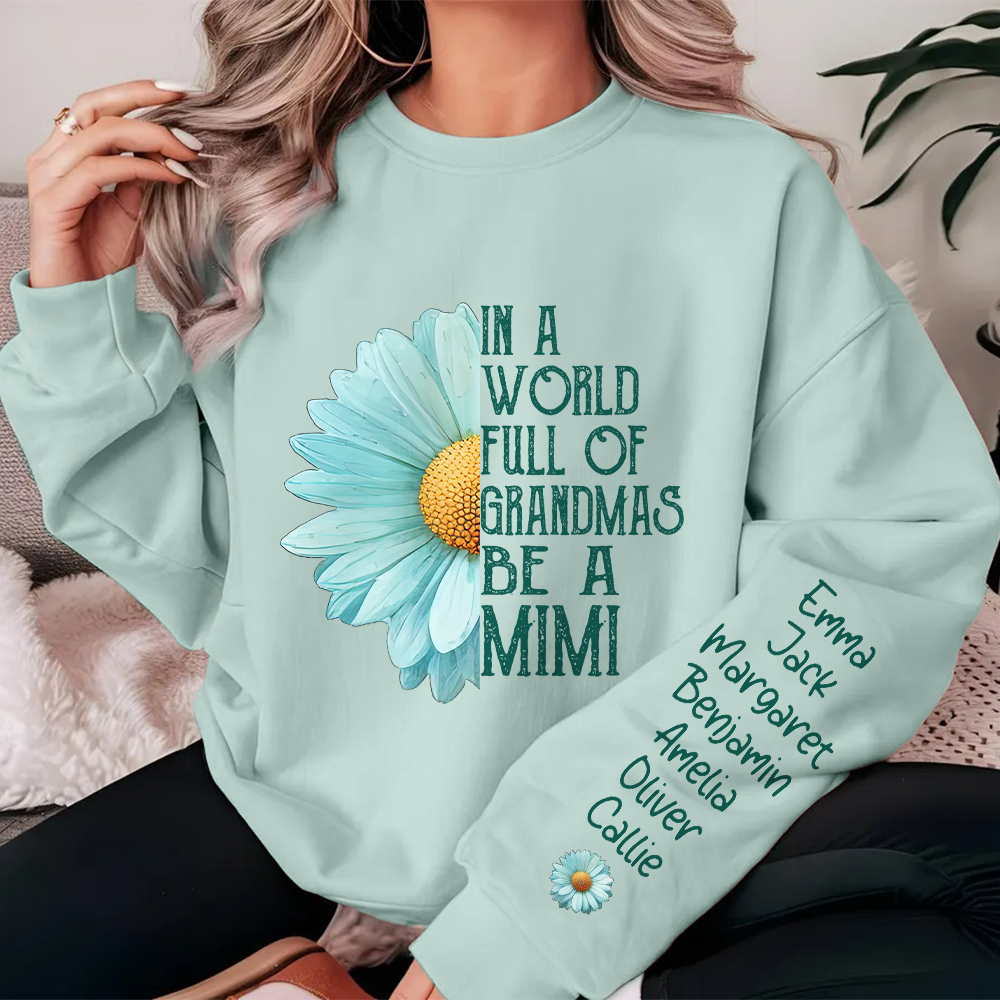 Personnalisé Multicolore 1-16 Noms Bleu clair Chrysanthème Soft Crew Neck T-shirt Sweatshirt avec Titre Anniversaire Fête des Mères Cadeau pour Grand-mère